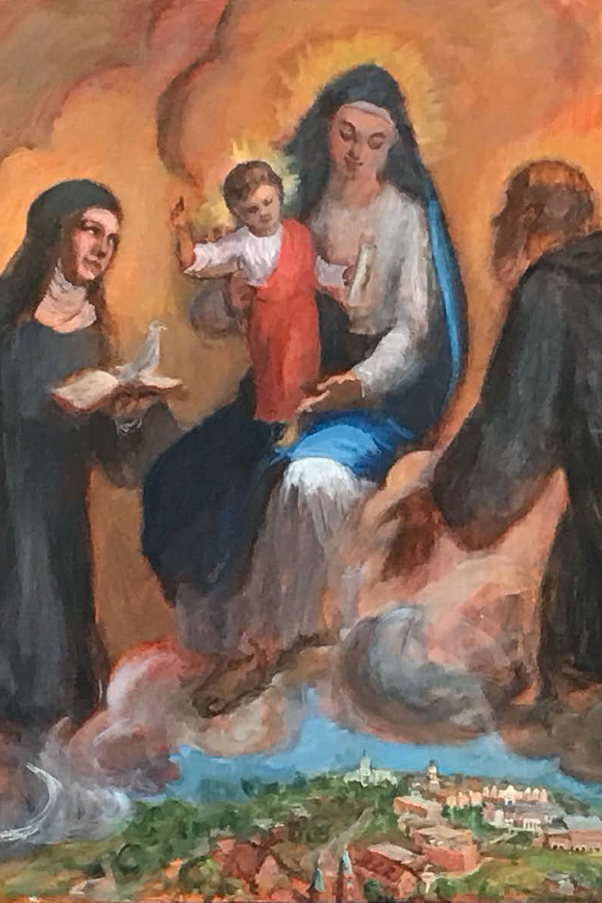 A painting by James Patrick Reid depicting Sts. Benedict and Scholastica in adoration of the Madonna and Child