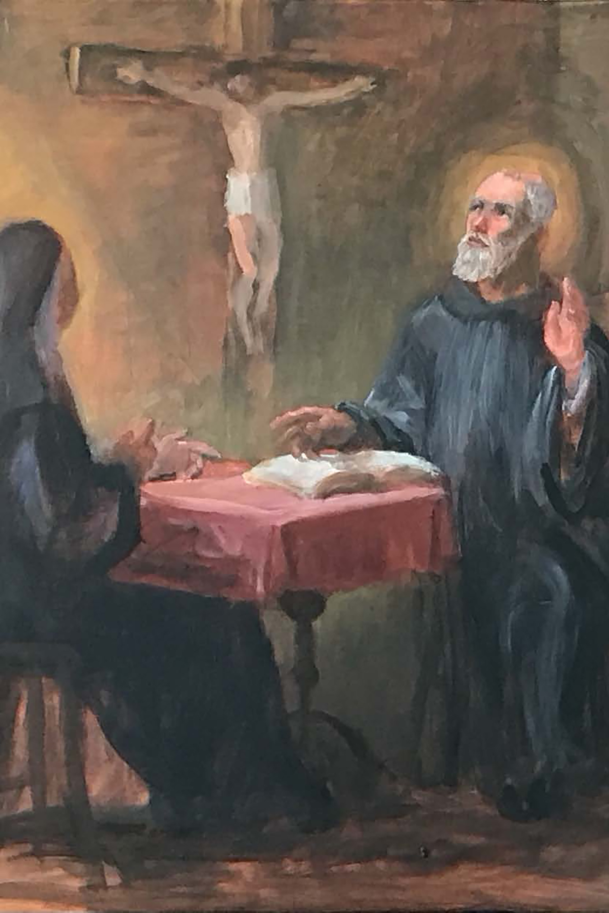 A painting by James Patrick Reid depicting Sts. Benedict and Scholastica conversing with a crucifix between them