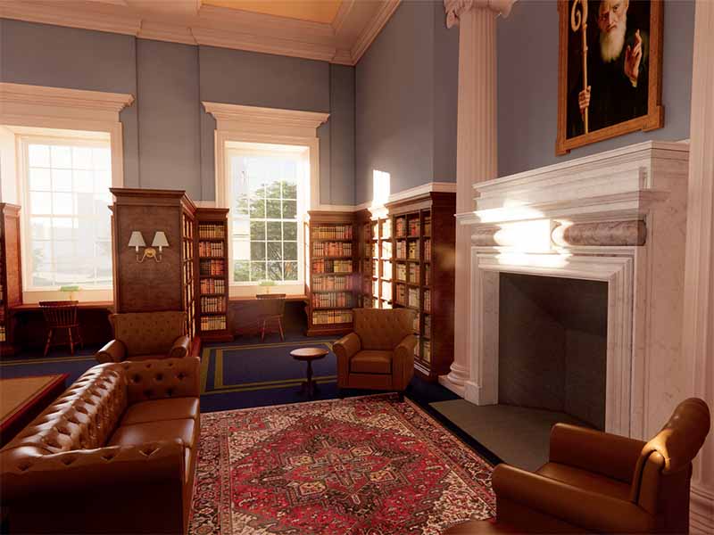 Rendering of a reading room with a fireplace in the Library