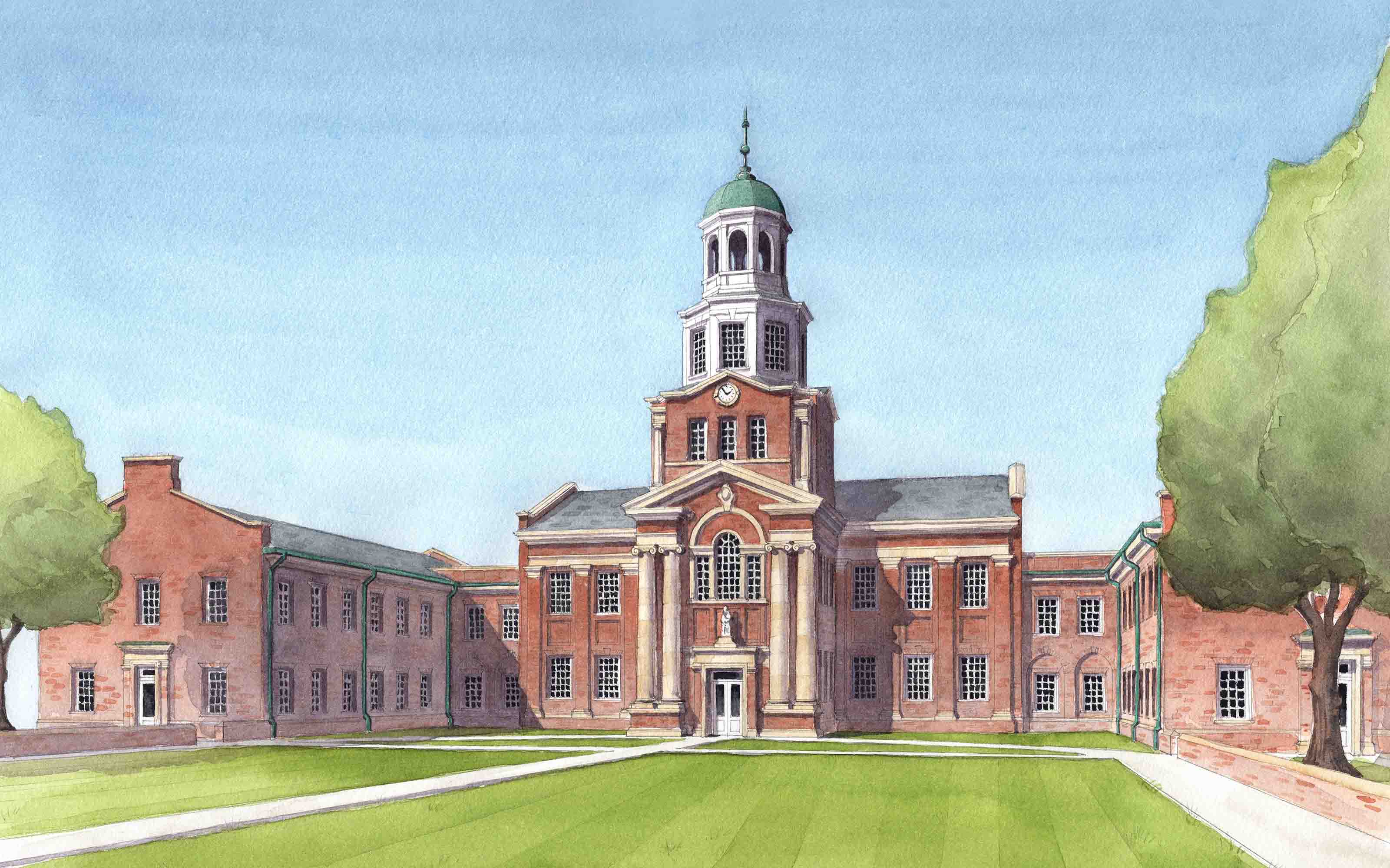Watercolor rendering of the Library exterior